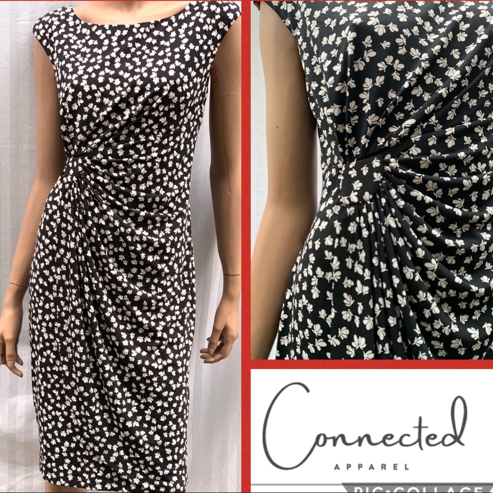 Connected Apparel Black and White Floral Midi Dress